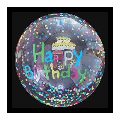 Palloncino 45cm/18" Trasparente Bubble Decorato Happy Birthday Torta e Pois