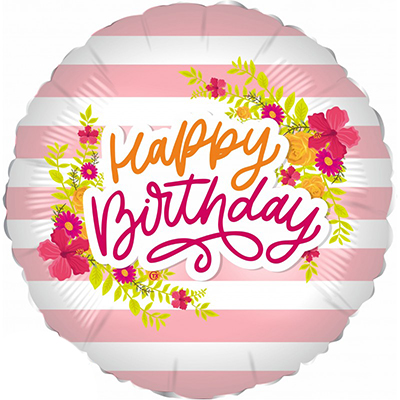 Mylar 45cm/18" Fiori e Strisce Rosa Happy Birthday